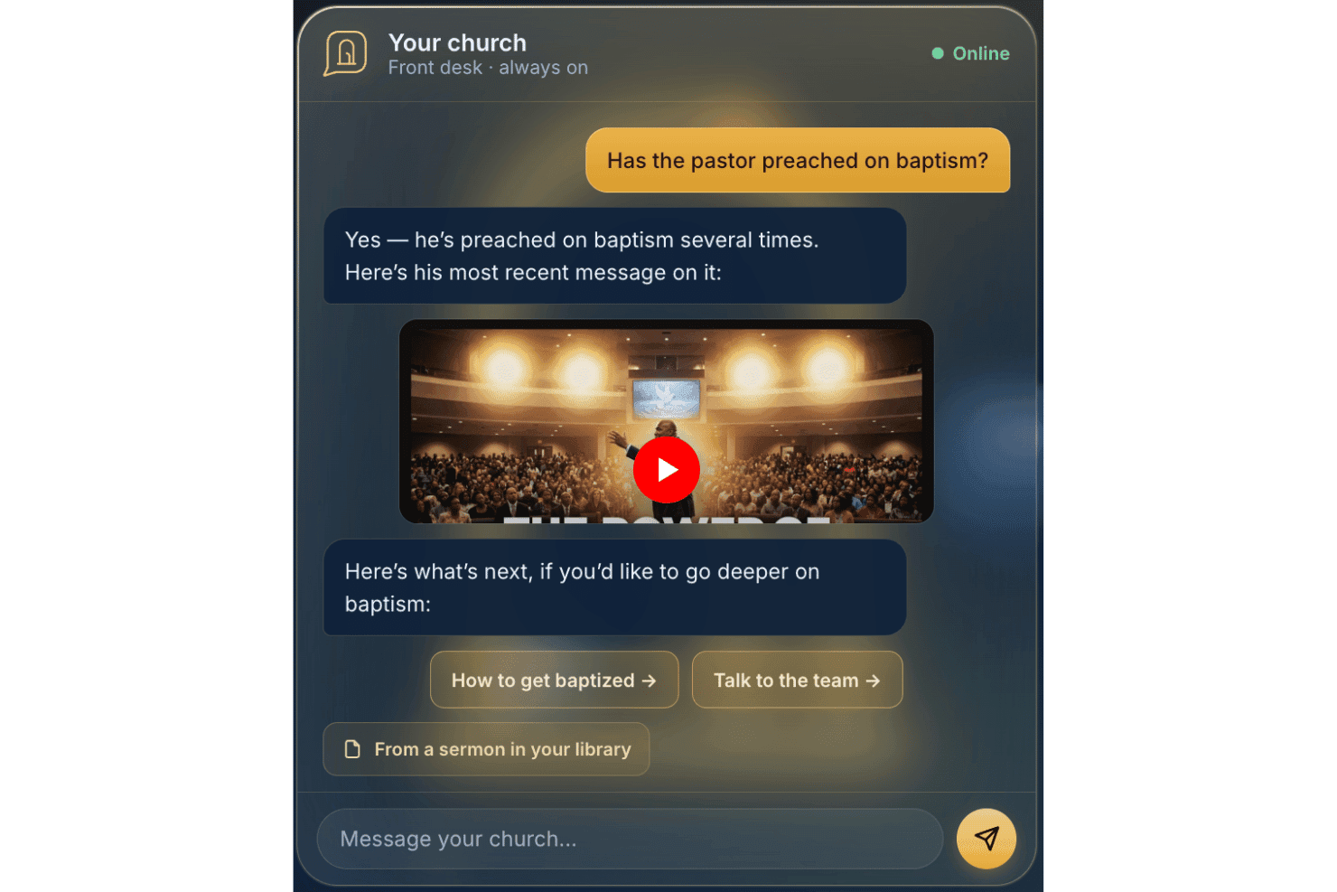AskMyChurch erbjuder ett AI-assistentgränssnitt med chatt som alltid är tillgängligt och besvarar församlingens frågor med hjälp av kyrkospecifikt innehåll.