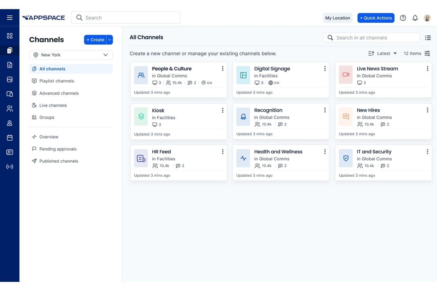 Appspace channels dashboard showing 12 communication channels in a grid layout.