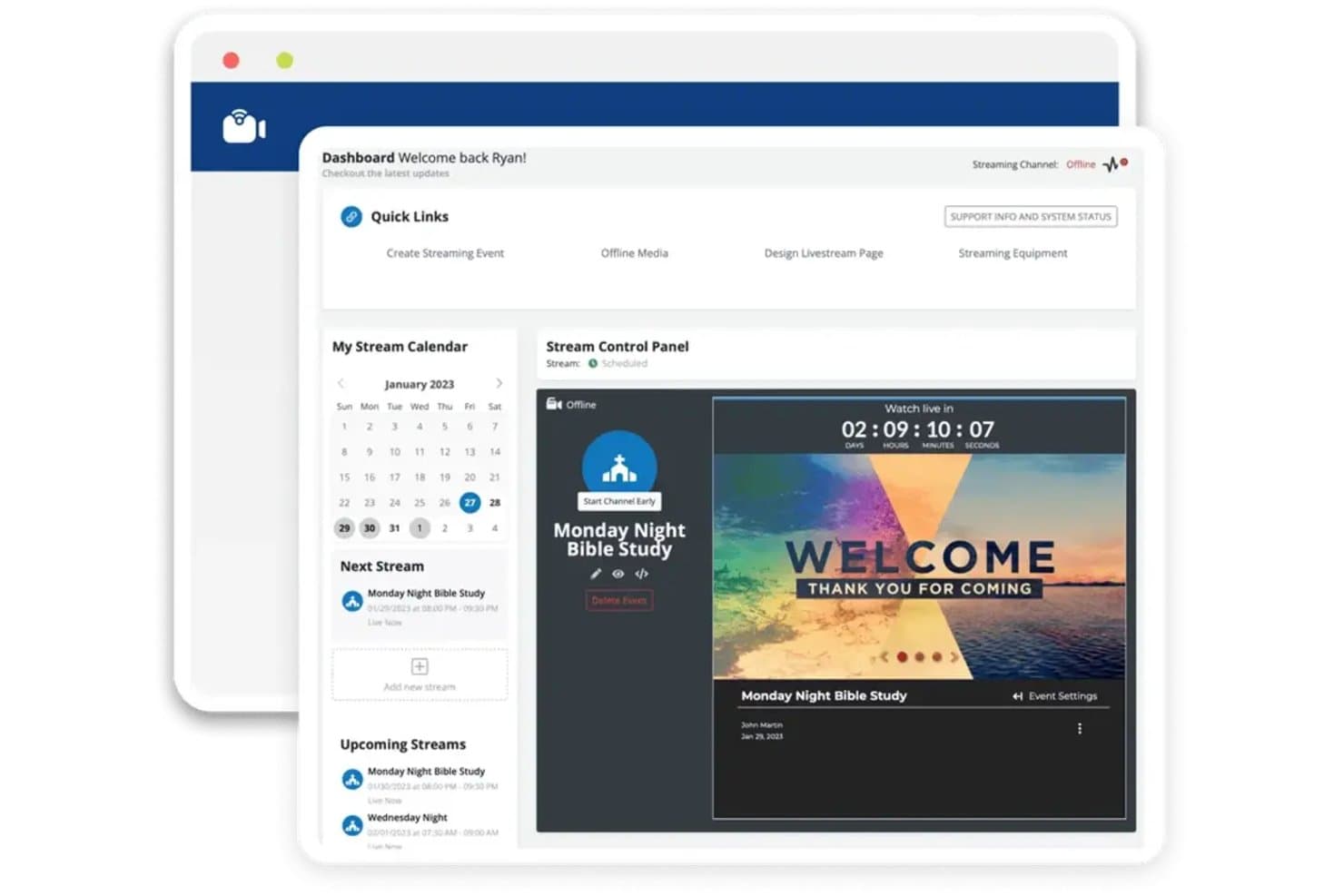 Ministry Brands Amplify-kontrolpanel, der viser streamingkalender, kontrolpanel og nedtællingstimer.