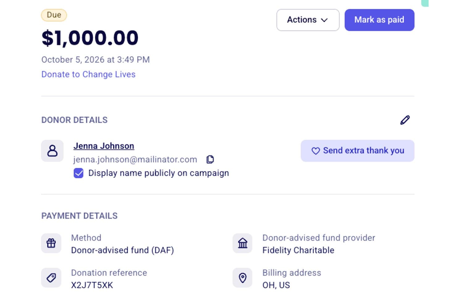 Donation record showing $1,000 due, donor details, and DAF payment method.