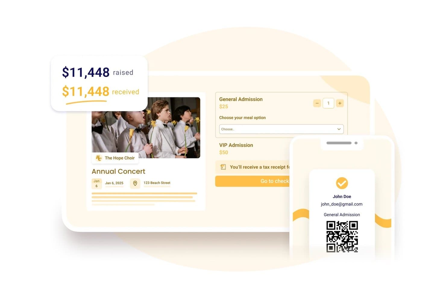Zeffys brugerflade til billetsalg til begivenheder viser billetmuligheder, QR-kode og indsamlede midler.