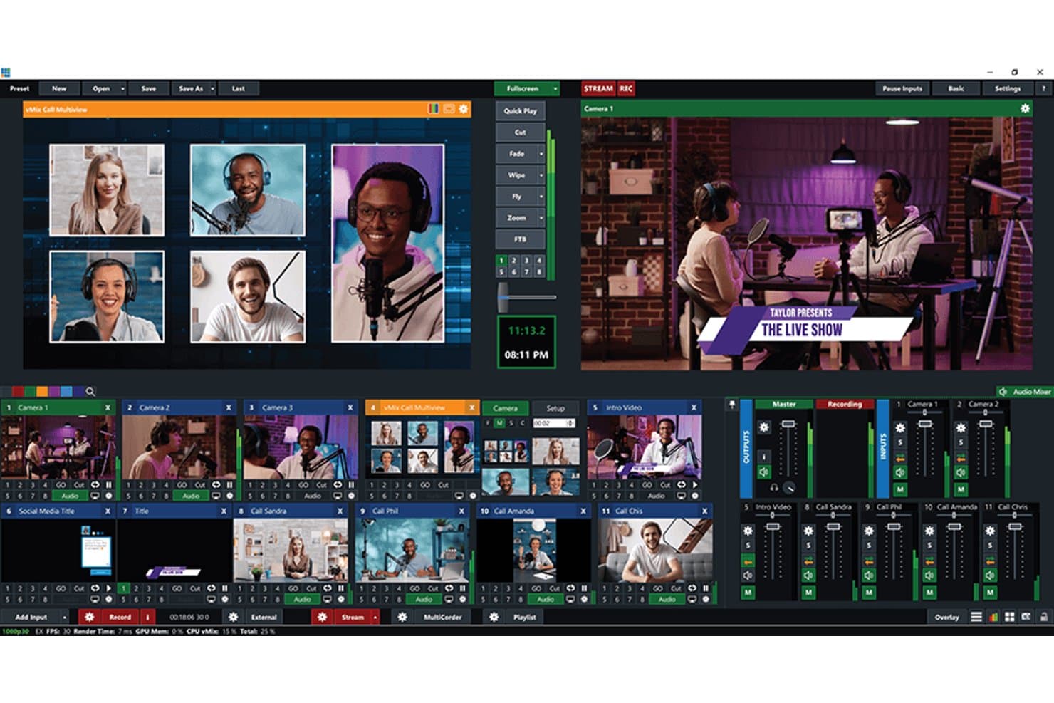 vMix-software til liveproduktion, der viser et layout med flere kameraer og eksterne videoopkaldsgæster.
