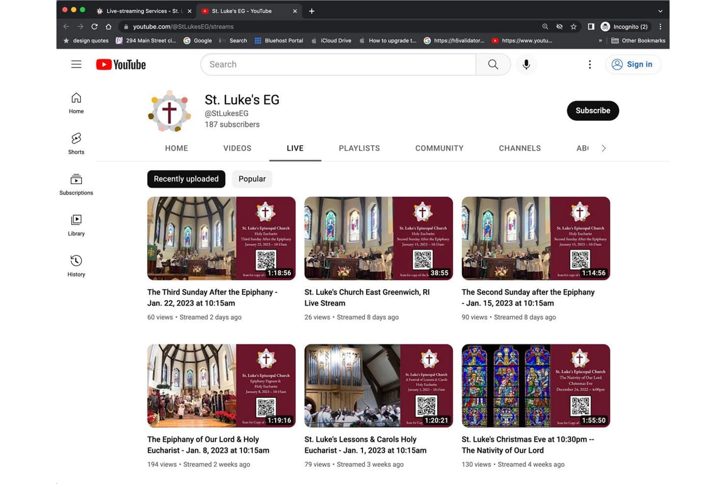 YouTube Live-side for St. Luke's EG-kirke, der viser optagede streams af søndagsgudstjenester.