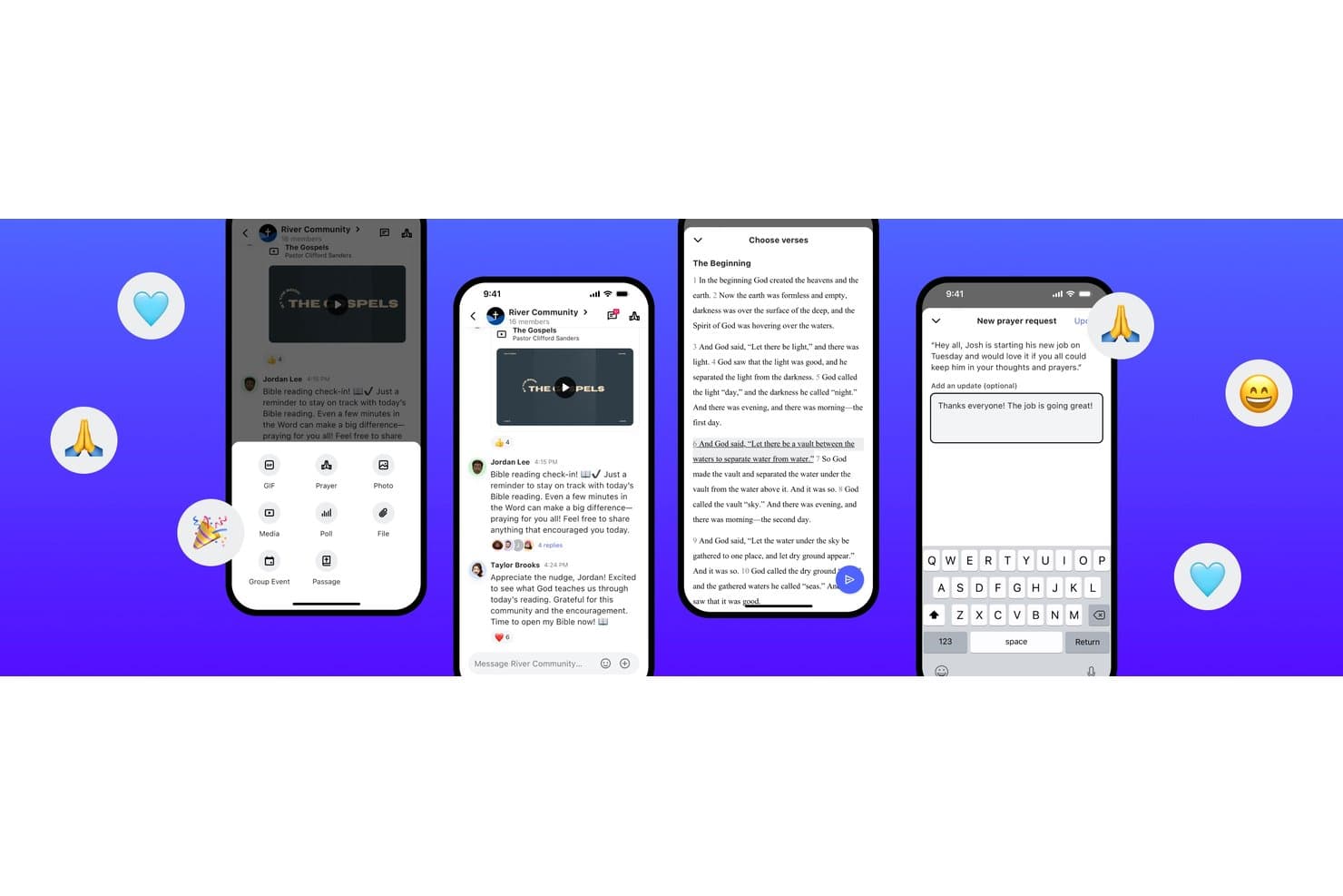 App-schermen van Subsplash met groepsberichten, Bijbelverzen en functies voor gebedsverzoeken.
