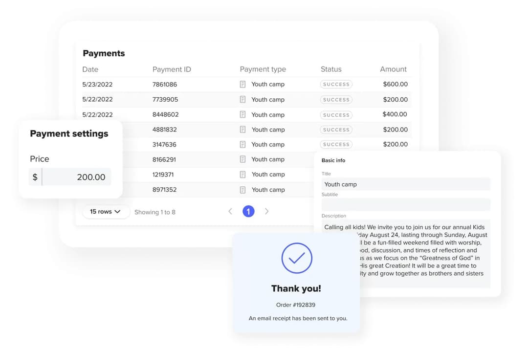Subsplash offers a church event management interface with payment tracking, configurable pricing, and attendee confirmation receipts for events like Youth Camp.