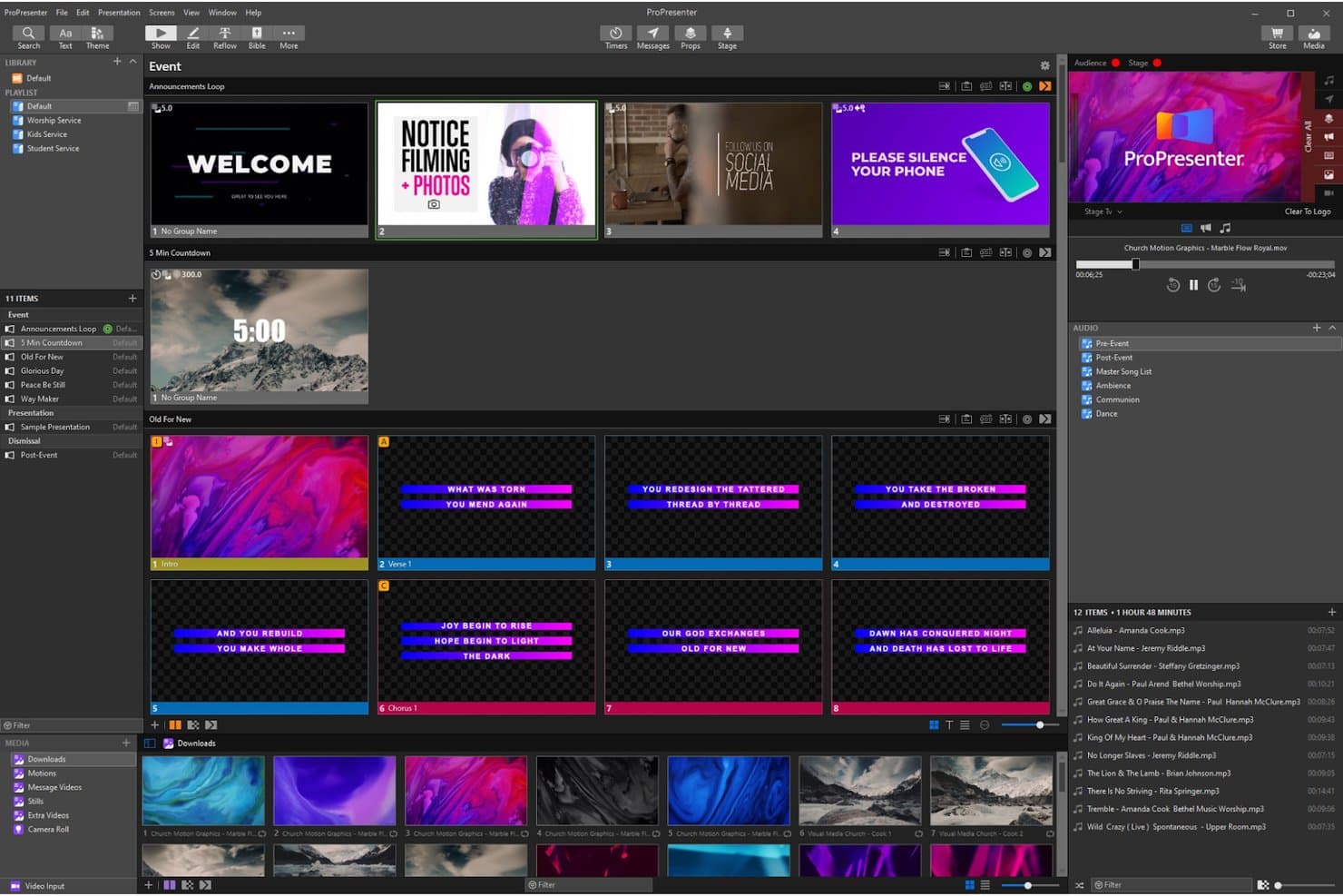 ProPresenter-software, der viser slides til et kirkeevent, nedtællingstimer og mediebibliotek.