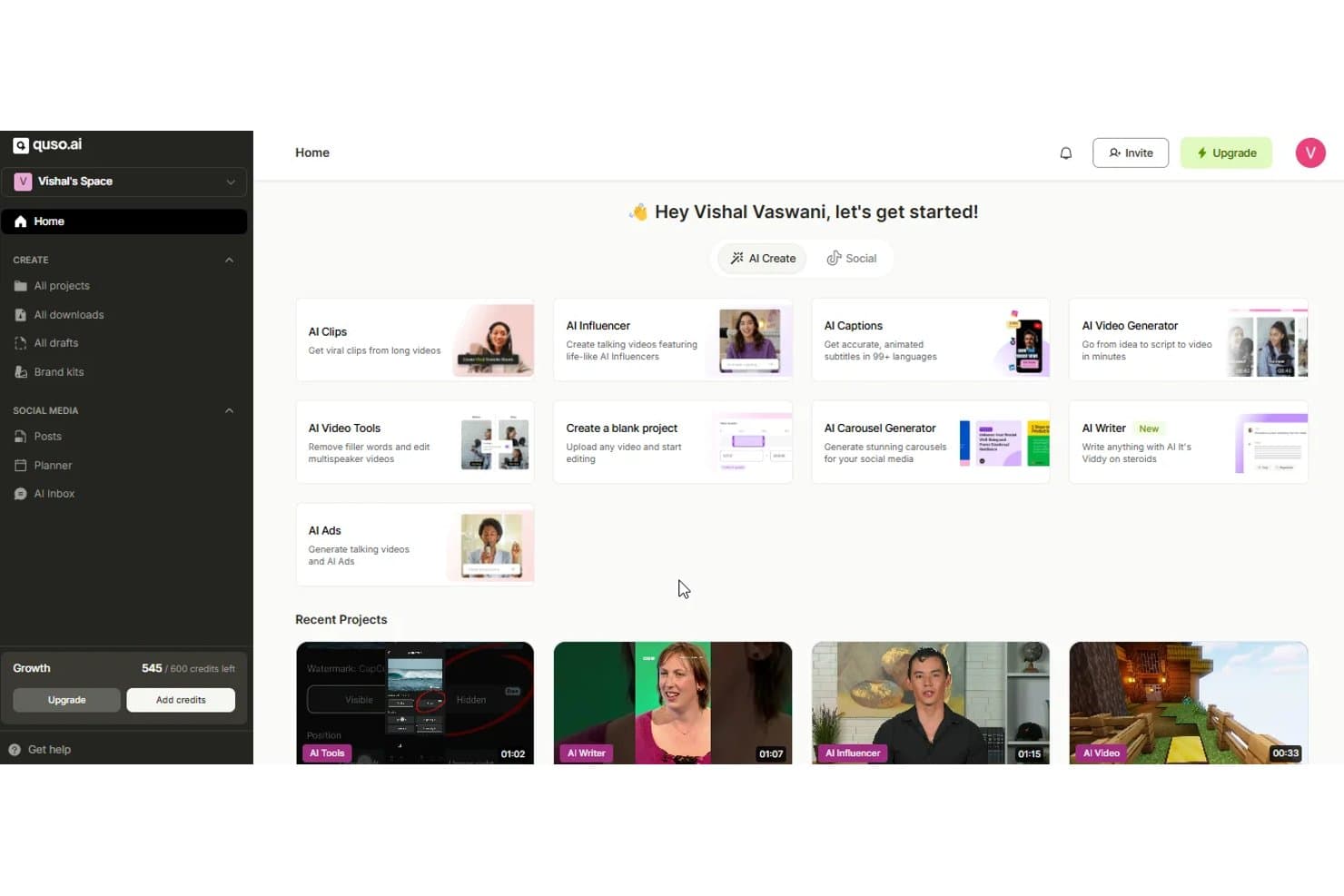 Quso.ai-kontrolpanel, der viser AI-værktøjer til indholdsoprettelse og nylige videoprojekter.