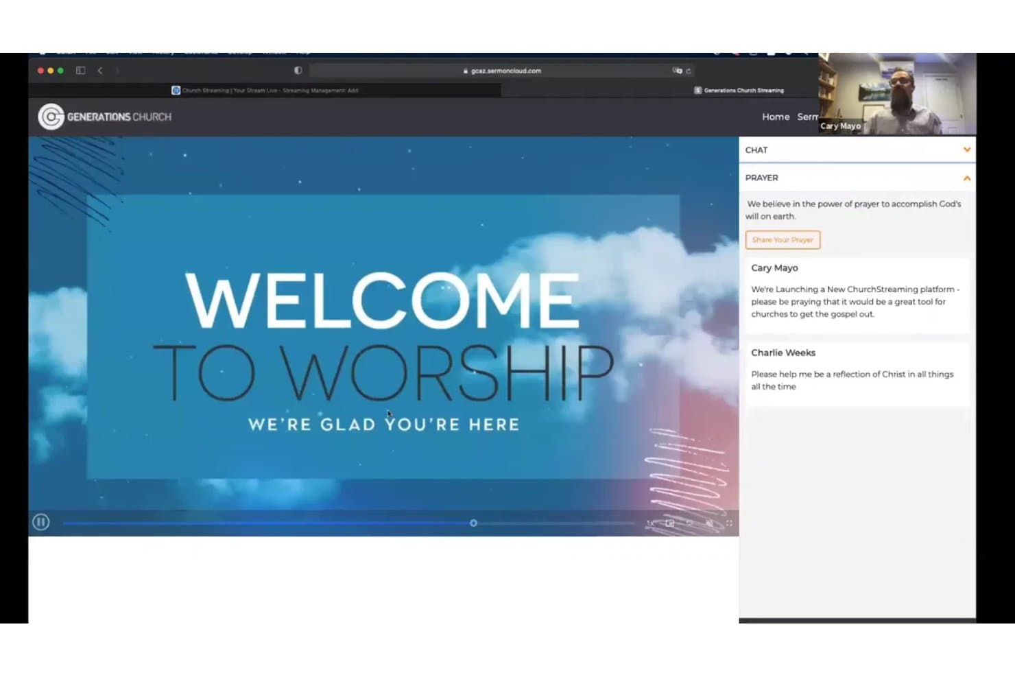 Livestreamet gudstjeneste på Churchstreaming.tv med chat og sidepanel til bønneanmodninger.