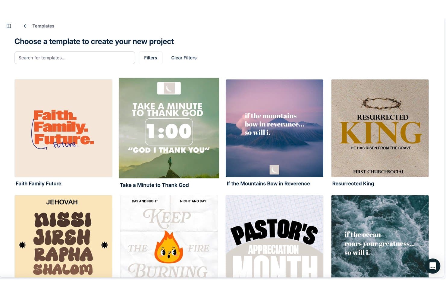 Skabelongalleri, der viser grafiske designs med religiøse temaer til kirkers sociale medier.