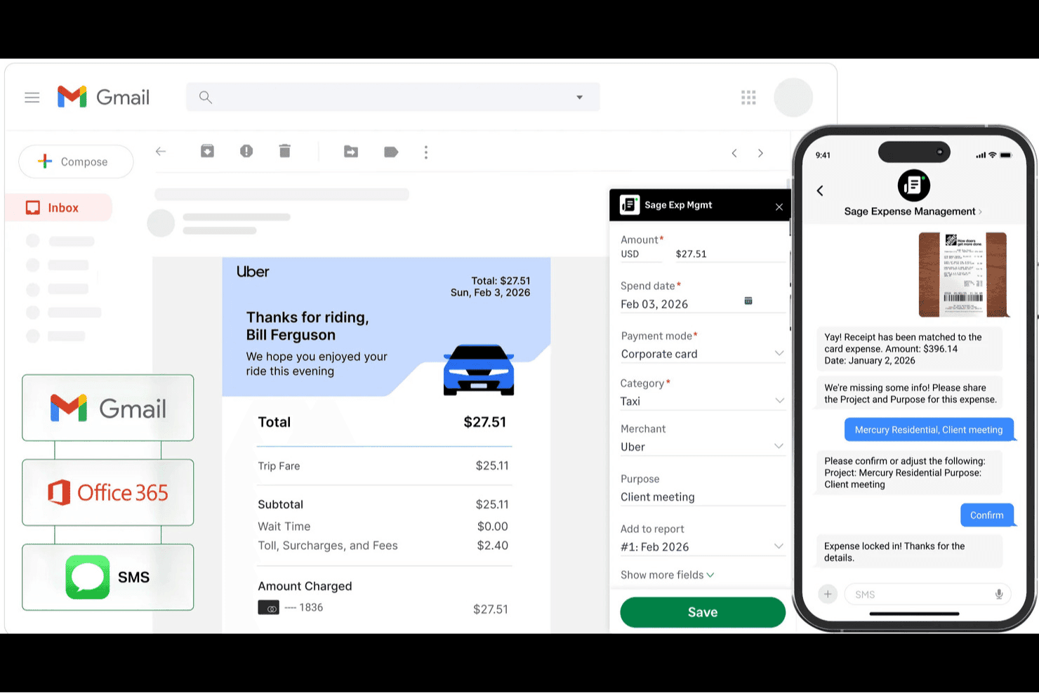 Sage Expense Management interface showing receipt capture, transaction matching, expense categories, payment details, and mobile receipt confirmations.