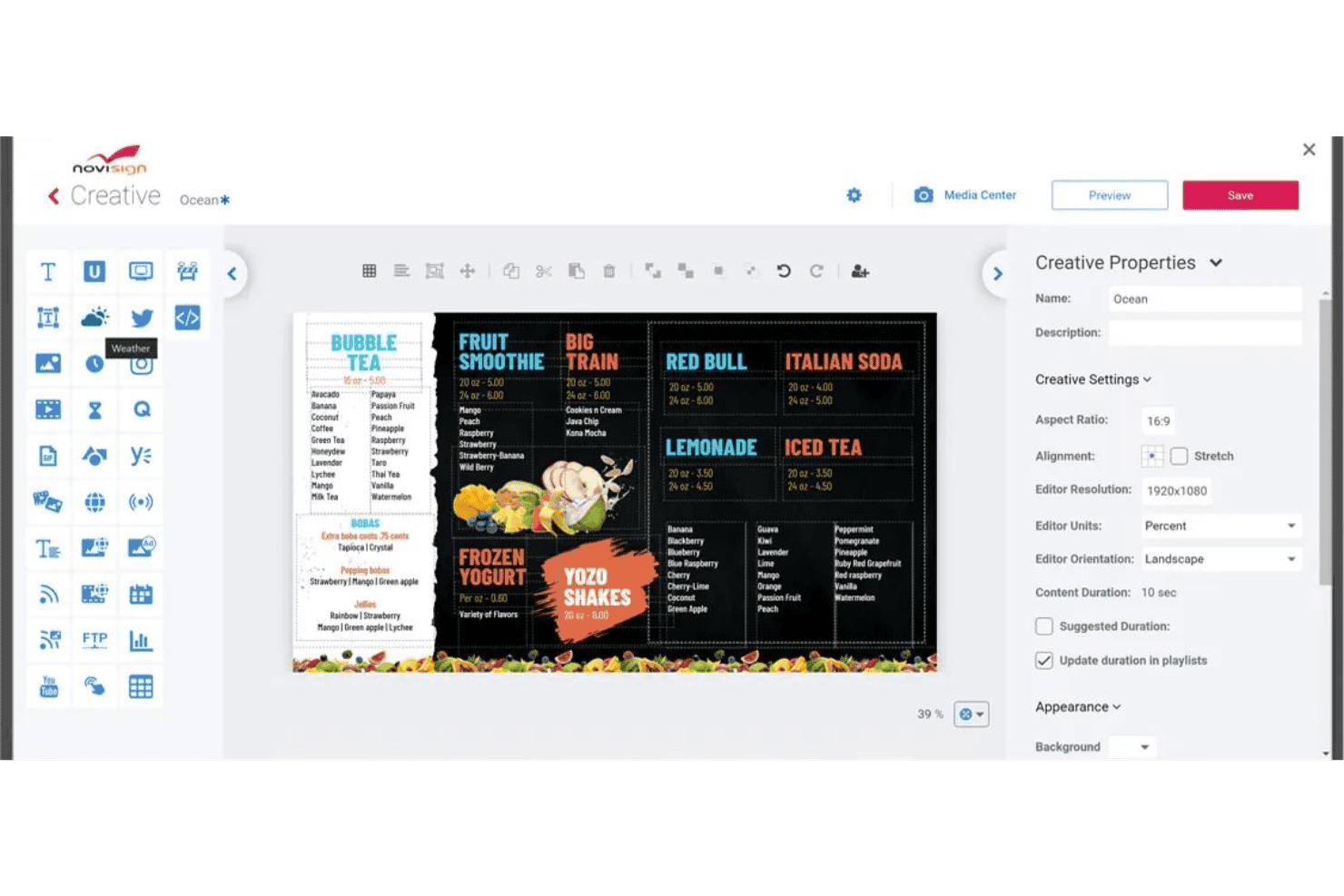 NoviSign creative editor showing a digital menu board with drink categories and prices.