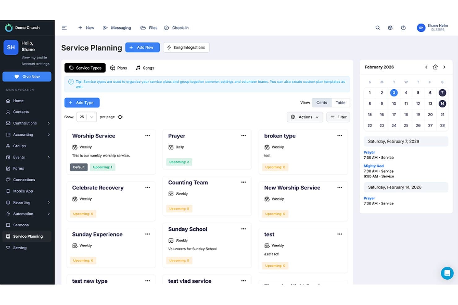 One Church Software service planning dashboard showing service types cards and February 2026 calendar sidebar.
