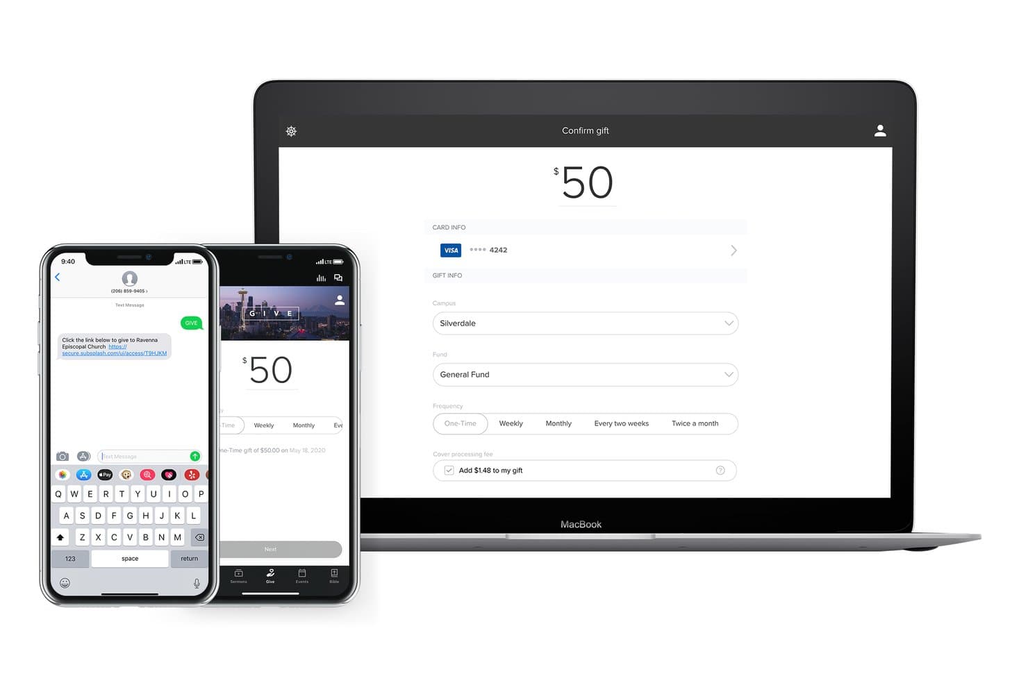 Subsplash' sms-givningsgrænseflade vist på iPhone, i mobilappen og på MacBook med en donationsformular på $50.