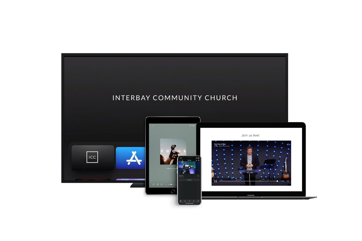 Interbay Community Church streamer på tv, tablet, telefon og MacBook via Subsplash.
