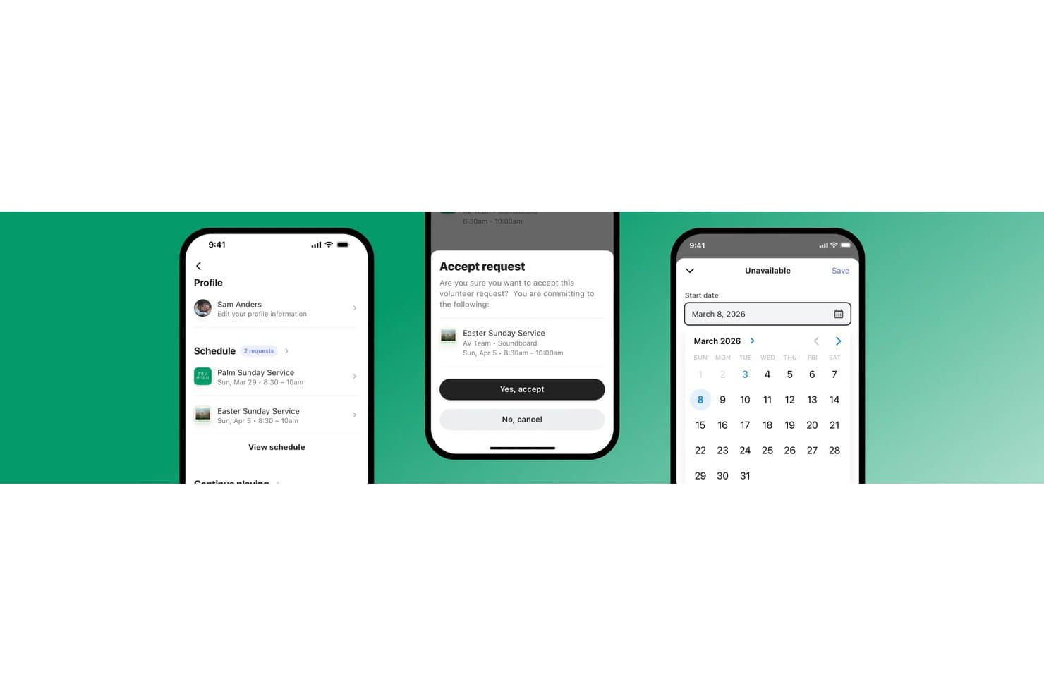 Mobiele app van Subsplash met vrijwilligersplanning, dialoogvenster voor het accepteren van een verzoek en kalender voor onbeschikbaarheid