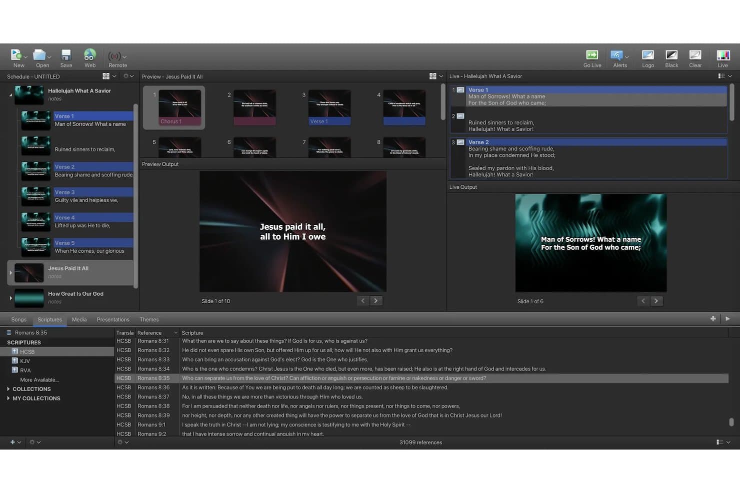 EasyWorship-programgränssnitt som visar sångbilder, liveutmatning och bibeltextpanel