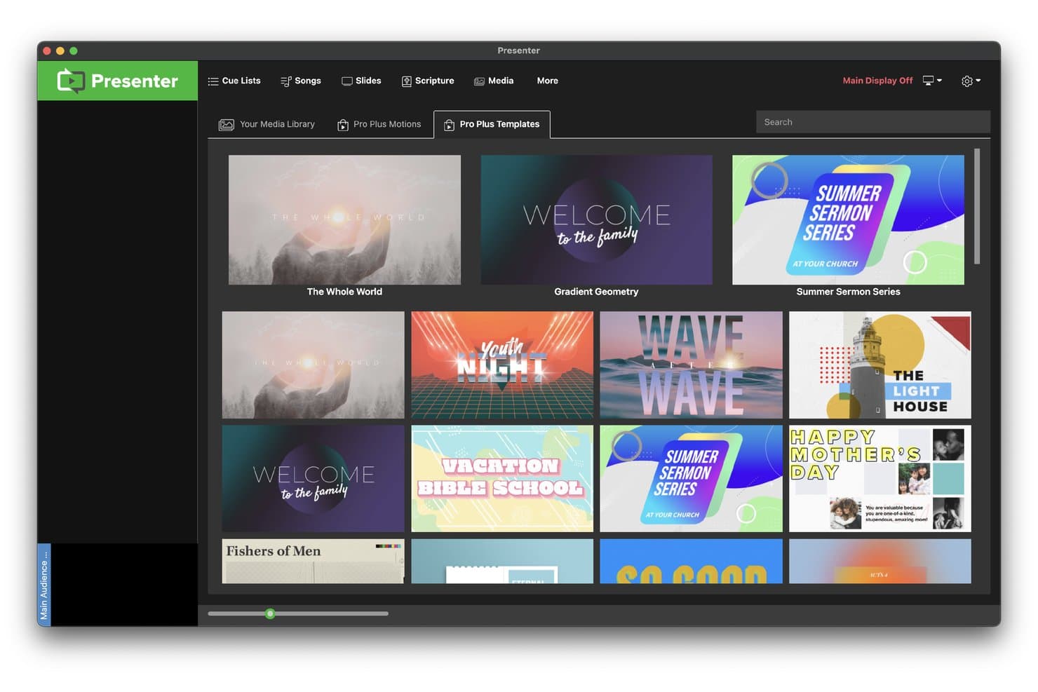 WorshipTools Presenter-appen visar ett rutnät med Pro Plus-mallar och kyrkliga presentationsdesigner