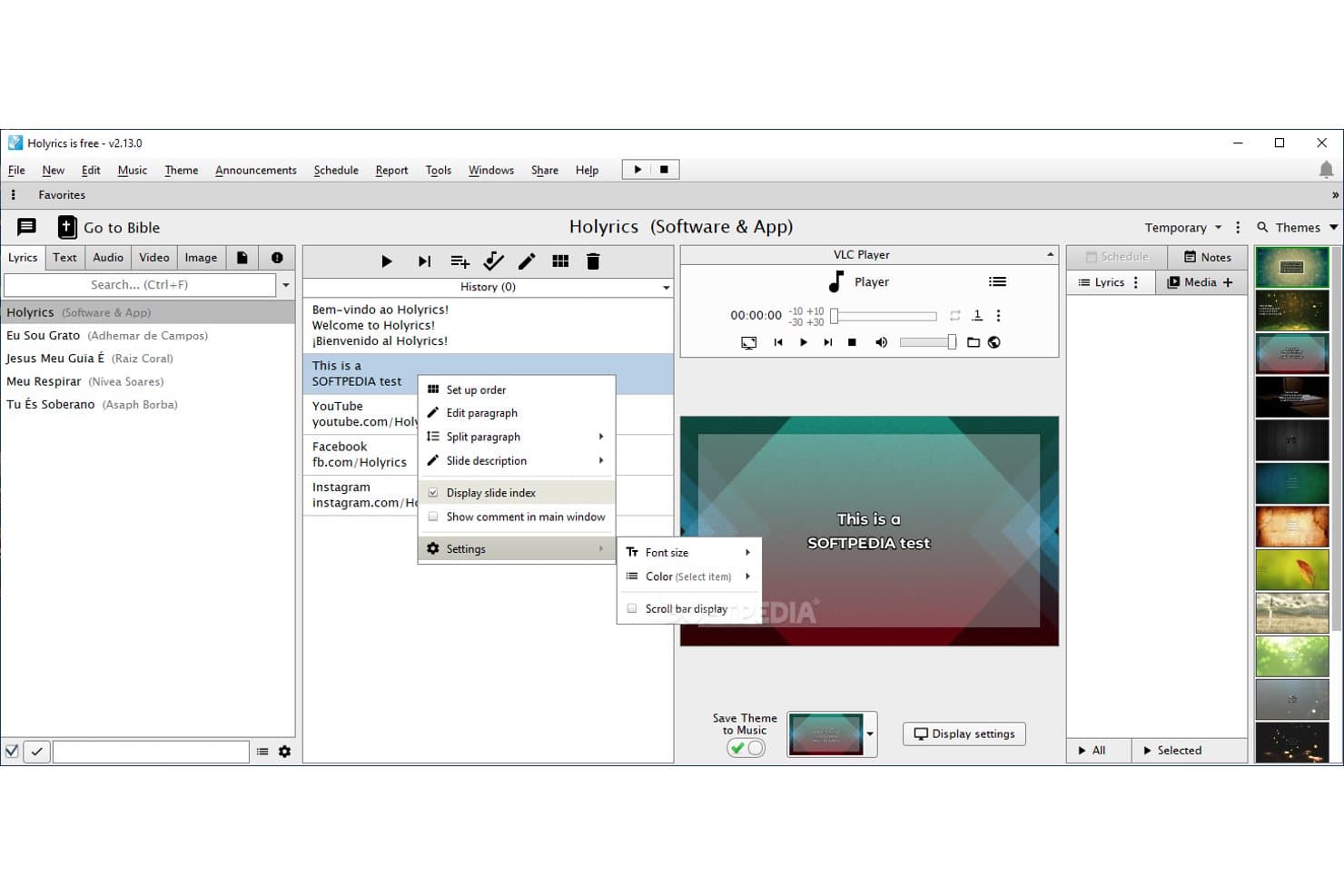 Holyrics-software, der viser en kontekstmenu ved højreklik med indstillinger for diasvisning.
