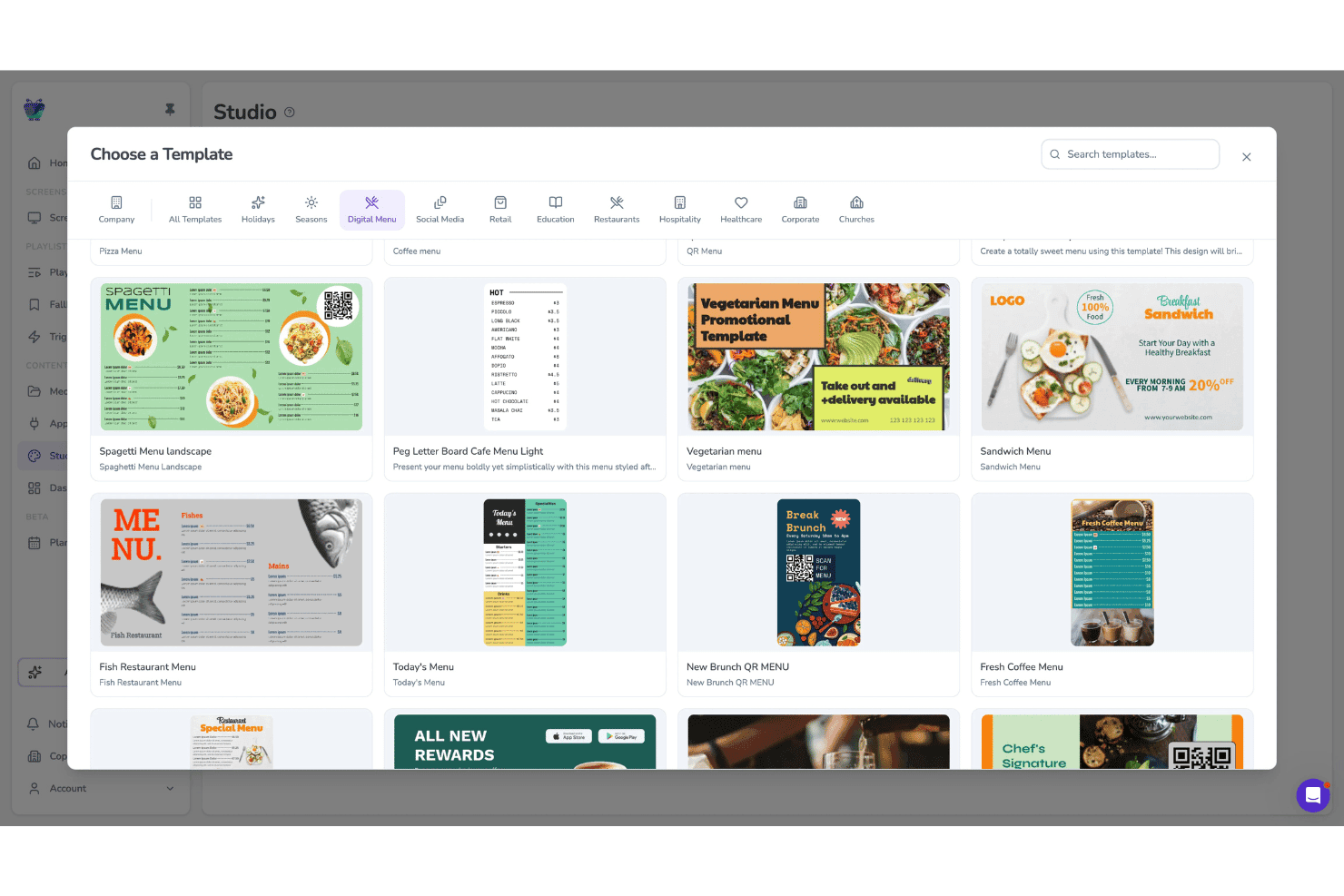 Modal showing digital menu templates grid in a studio design tool.