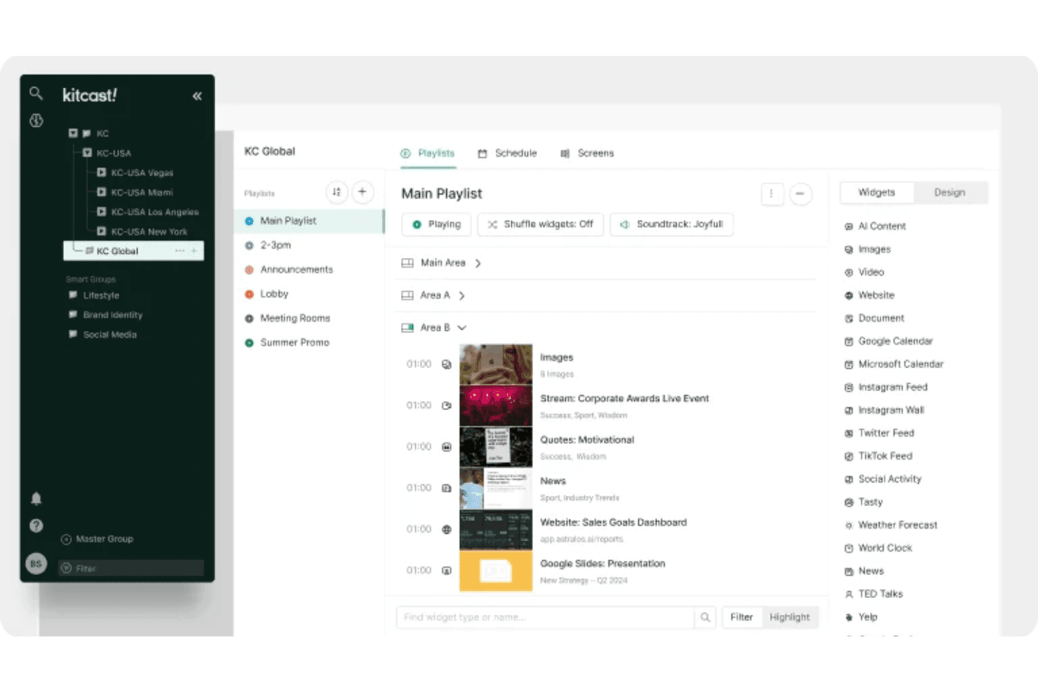 Kitcast dashboard showing playlist manager with widgets and screen groups.