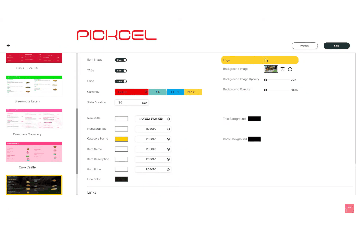 Pickcel digital menu customization panel with font, color, and currency options.