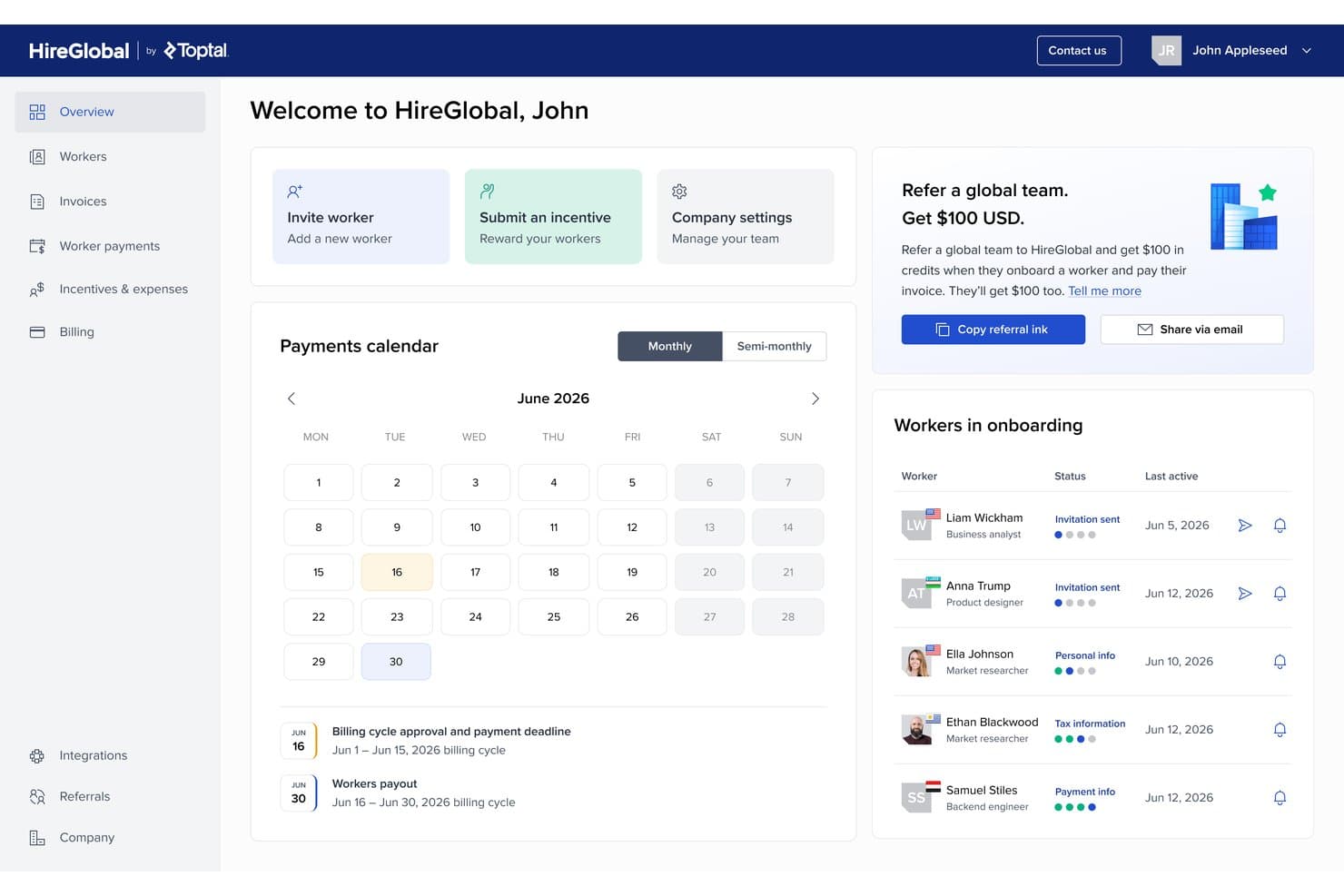 HireGlobalin hallintapaneeli, jossa näkyvät maksukalenteri ja perehdytystilassa olevat työntekijät.