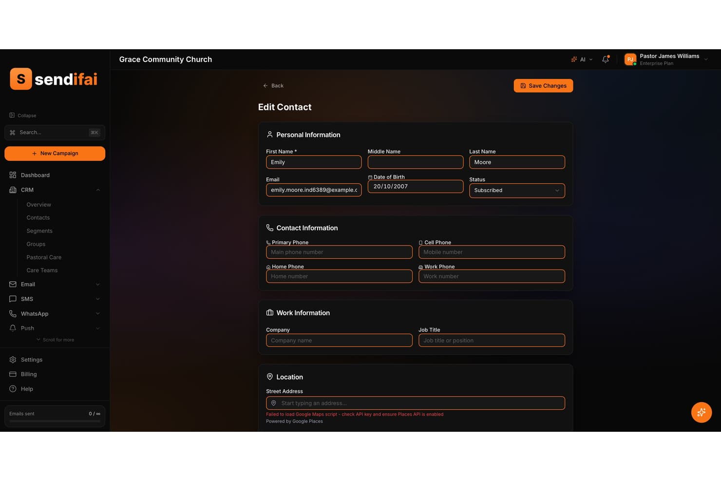 Formulaire de modification d’un contact dans Sendifai affichant des champs relatifs aux informations personnelles, aux coordonnées et aux informations professionnelles.