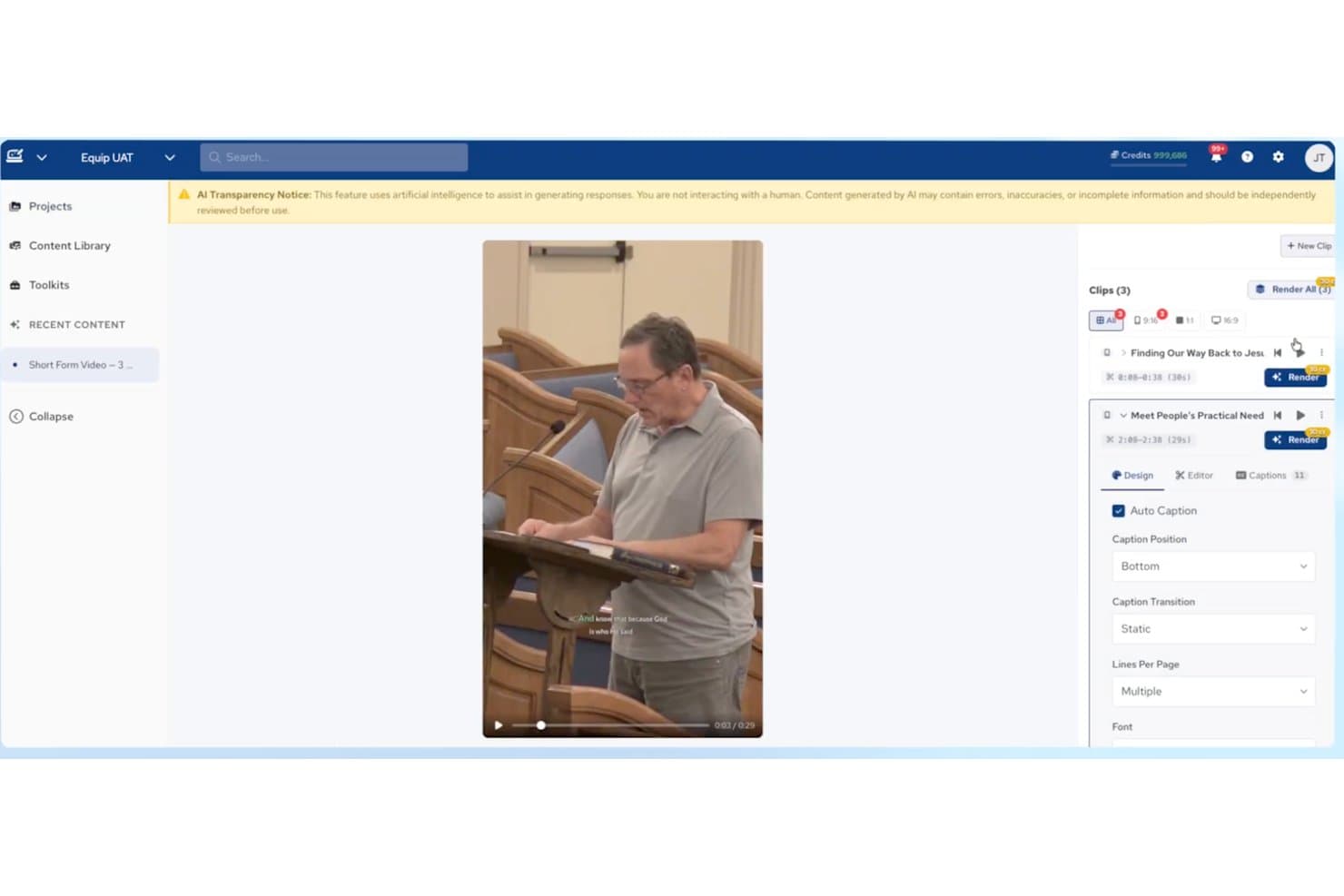 Interface de montage vidéo affichant un extrait de sermon avec le panneau des paramètres de sous-titrage automatique ouvert.