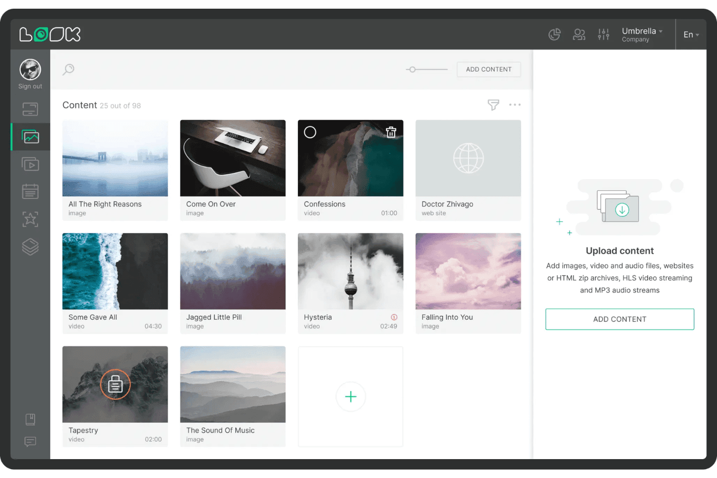 Digital signage content library grid showing images, videos, and upload panel.