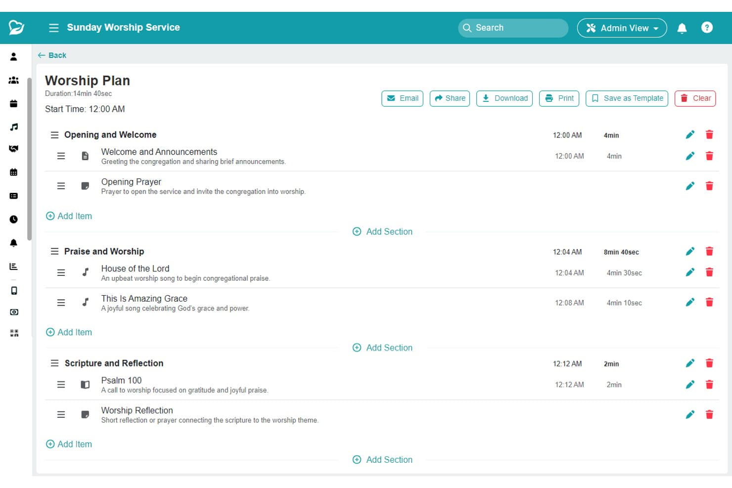 Interface de planification des cultes de ChMeetings affichant les sections, les chants et les horaires programmés.
