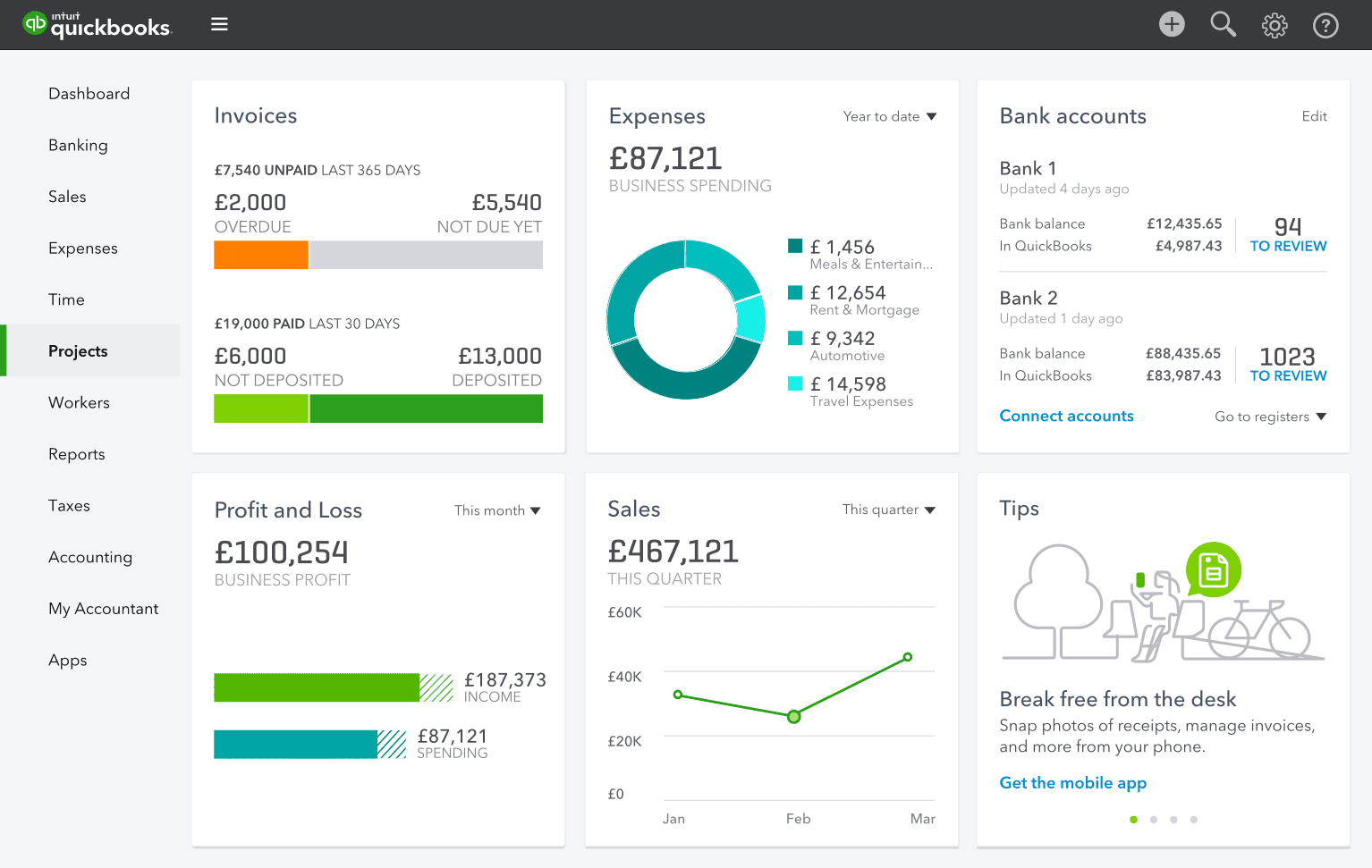 Quickbooks Online tracks donations, budgets, and expenses for churches.