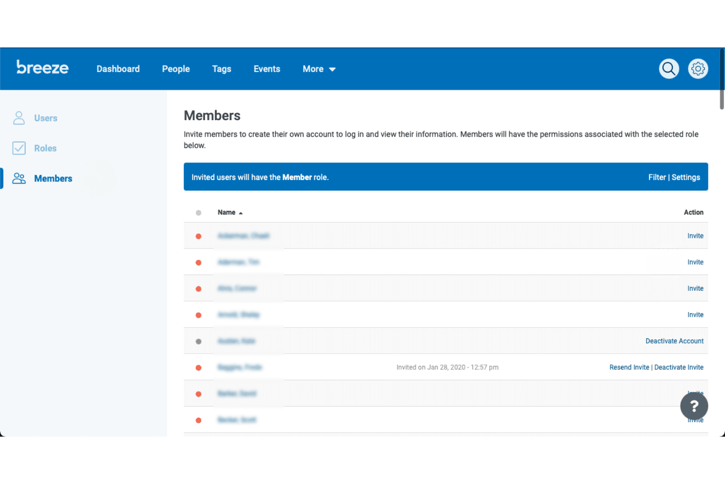 Breeze Members management page showing user list with invite and deactivate account actions.