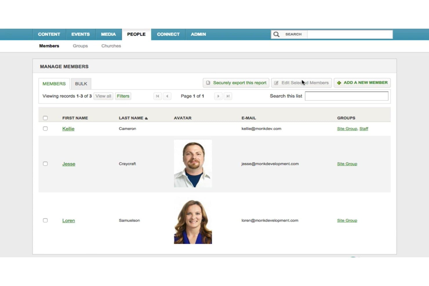 Manage Members admin panel showing a list of three members with avatars, emails, and group assignments.