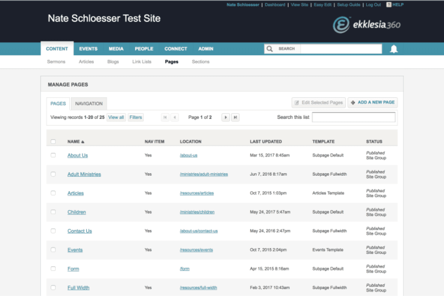 Ekklesia360 offers a Manage Pages dashboard where users can view, filter, and add website pages with details like location, template, and publication status.