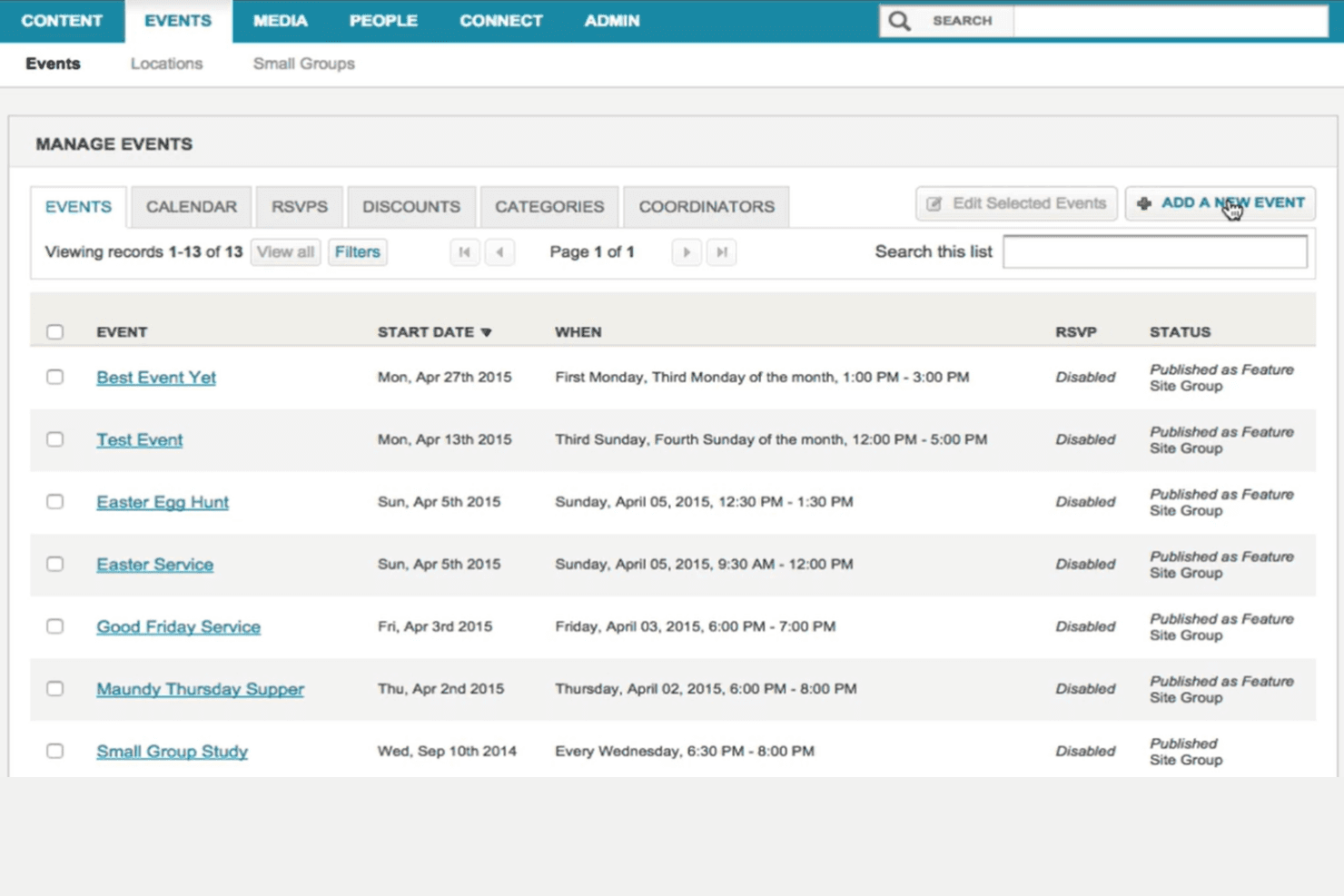 Manage Events admin panel showing a list of 13 church events with dates, schedules, RSVP status, and publish status.