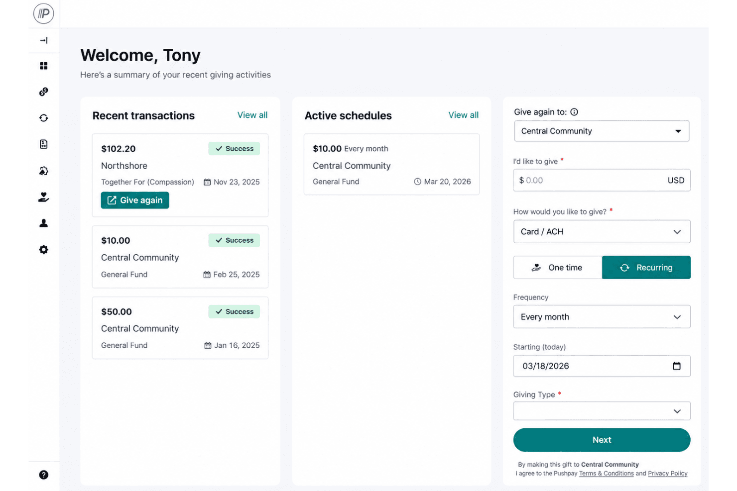 Pushpay dashboard with giving, events, donor records, and reporting tools.