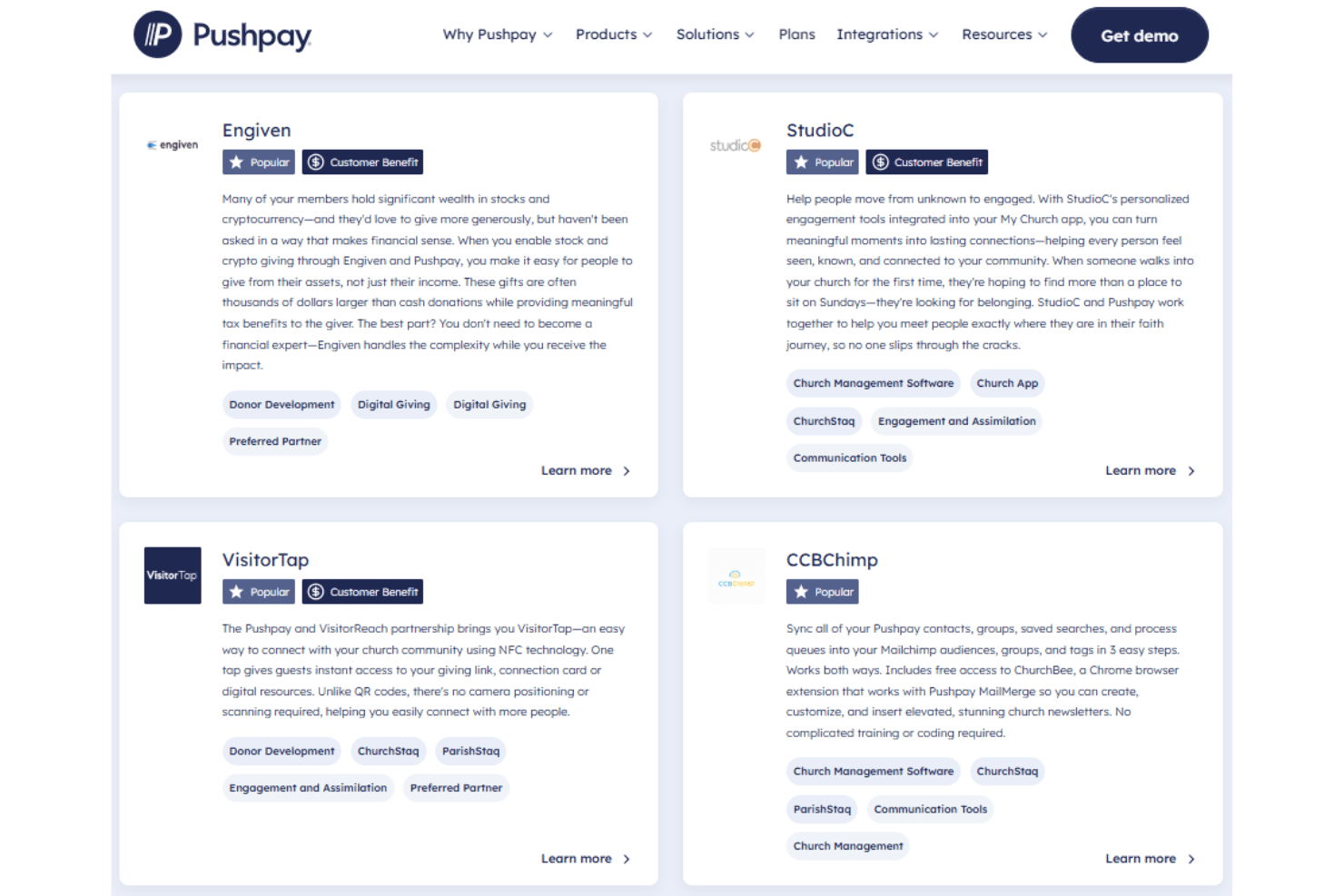 Pushpay integrations with Rock RMS, Mailchimp, QuickBooks, and Sage Intacct.