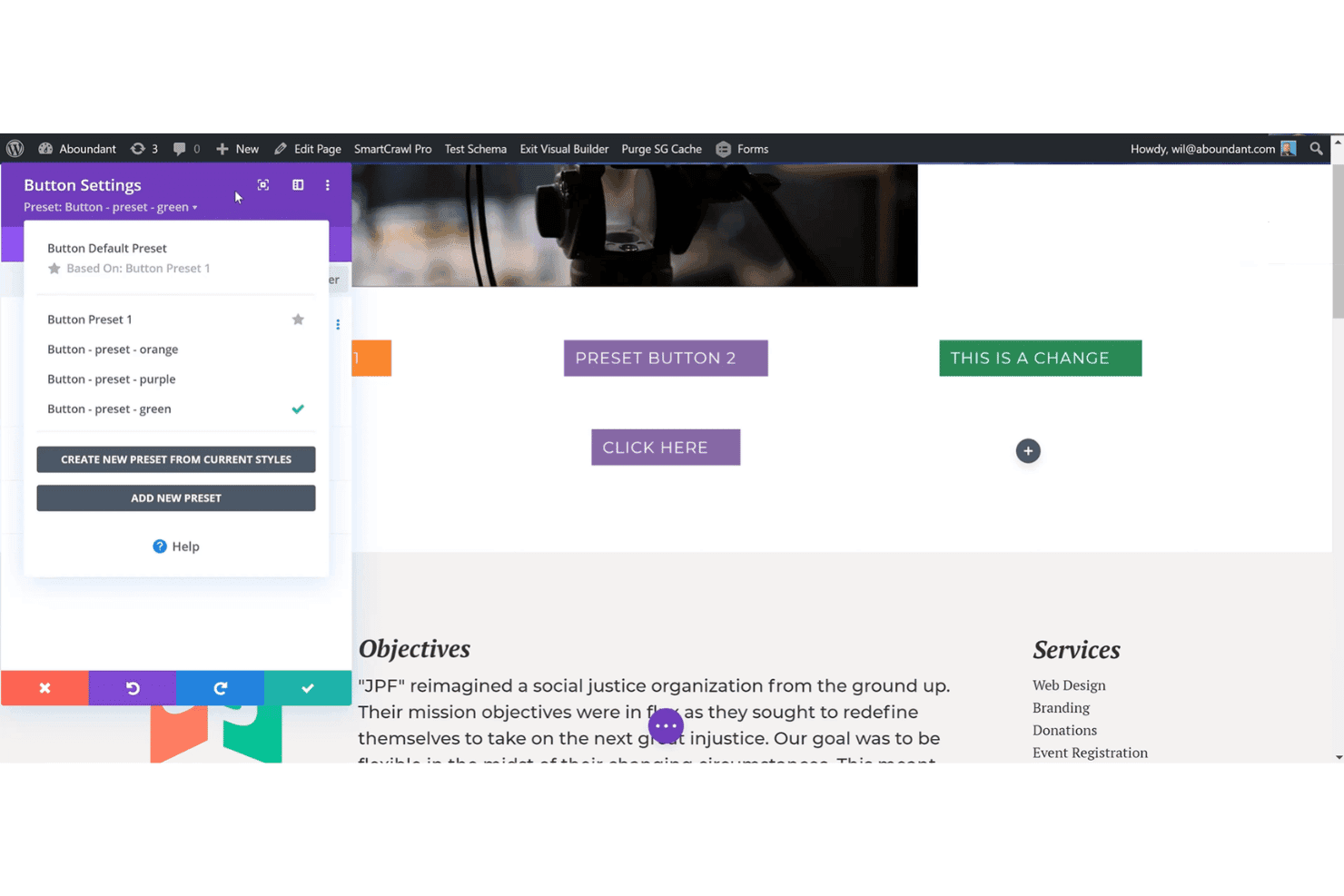 Aboundant website editor with drag-and-drop buttons and layout settings