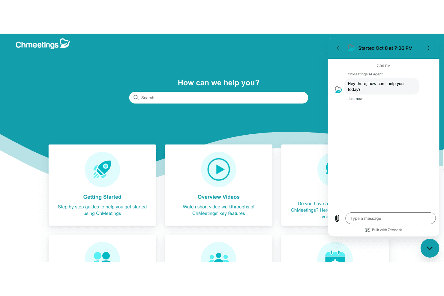Chmeetings help center with AI chat agent popup asking how to help.