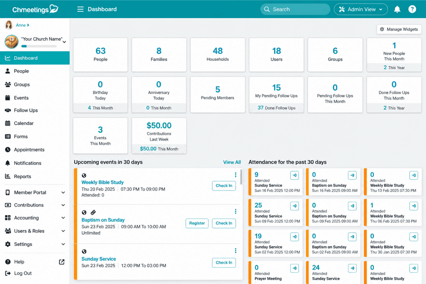 ChMeetings centralizes church management, giving, events, volunteers, and communications.