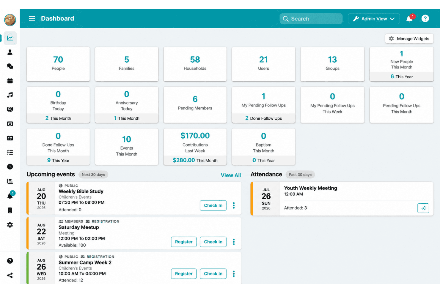 ChMeetings interface with members, giving, events, worship, and accounting tools.