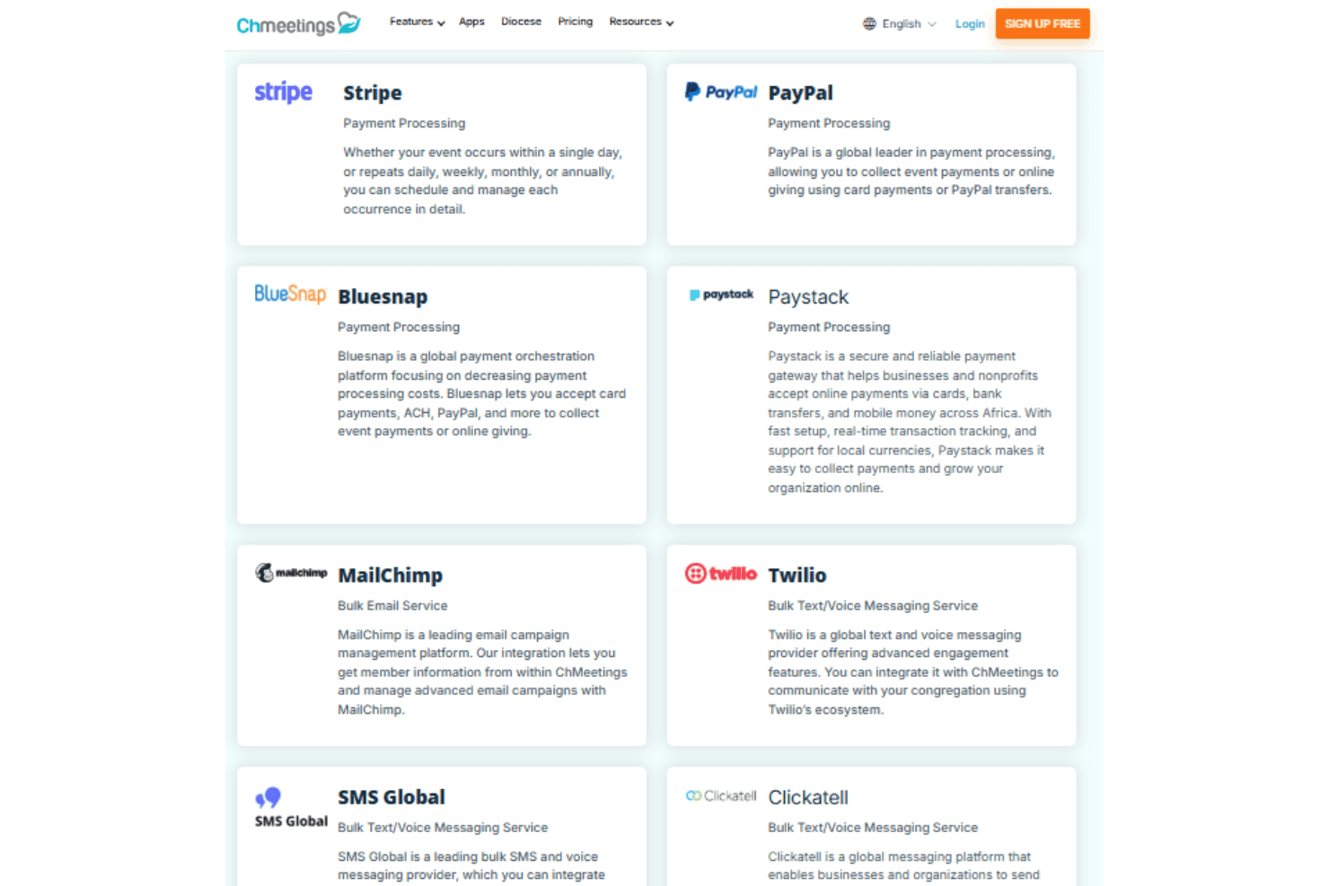 ChMeetings integrations with Stripe, PayPal, MailChimp, Twilio, and Zapier.