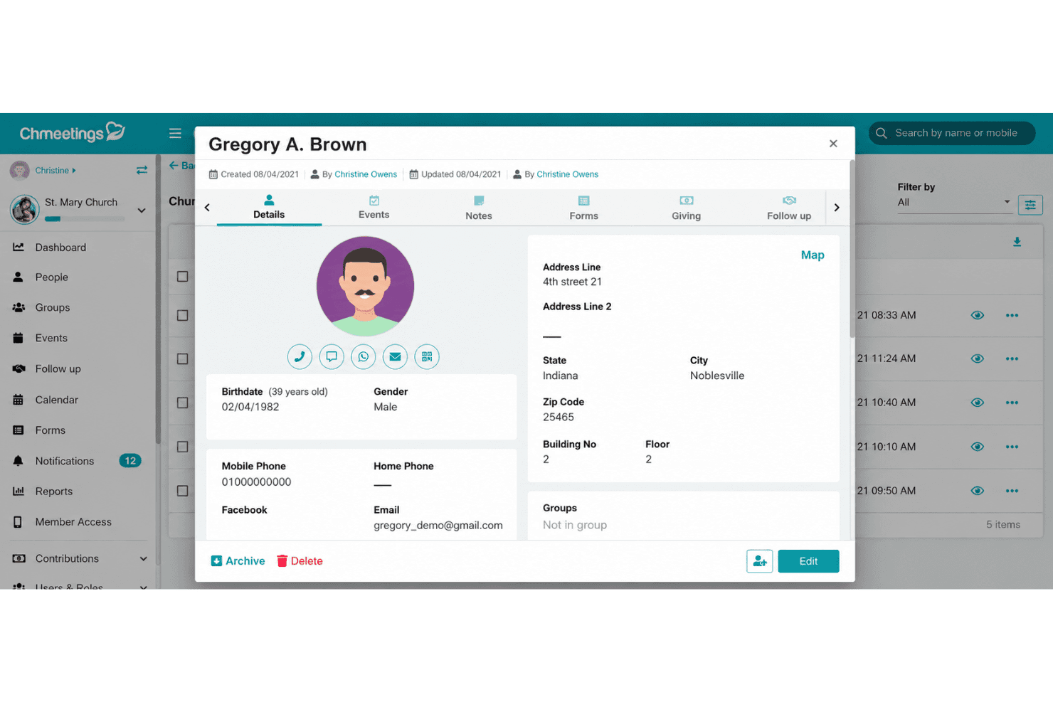 ChMeetings people and group management with member profiles and assignments.