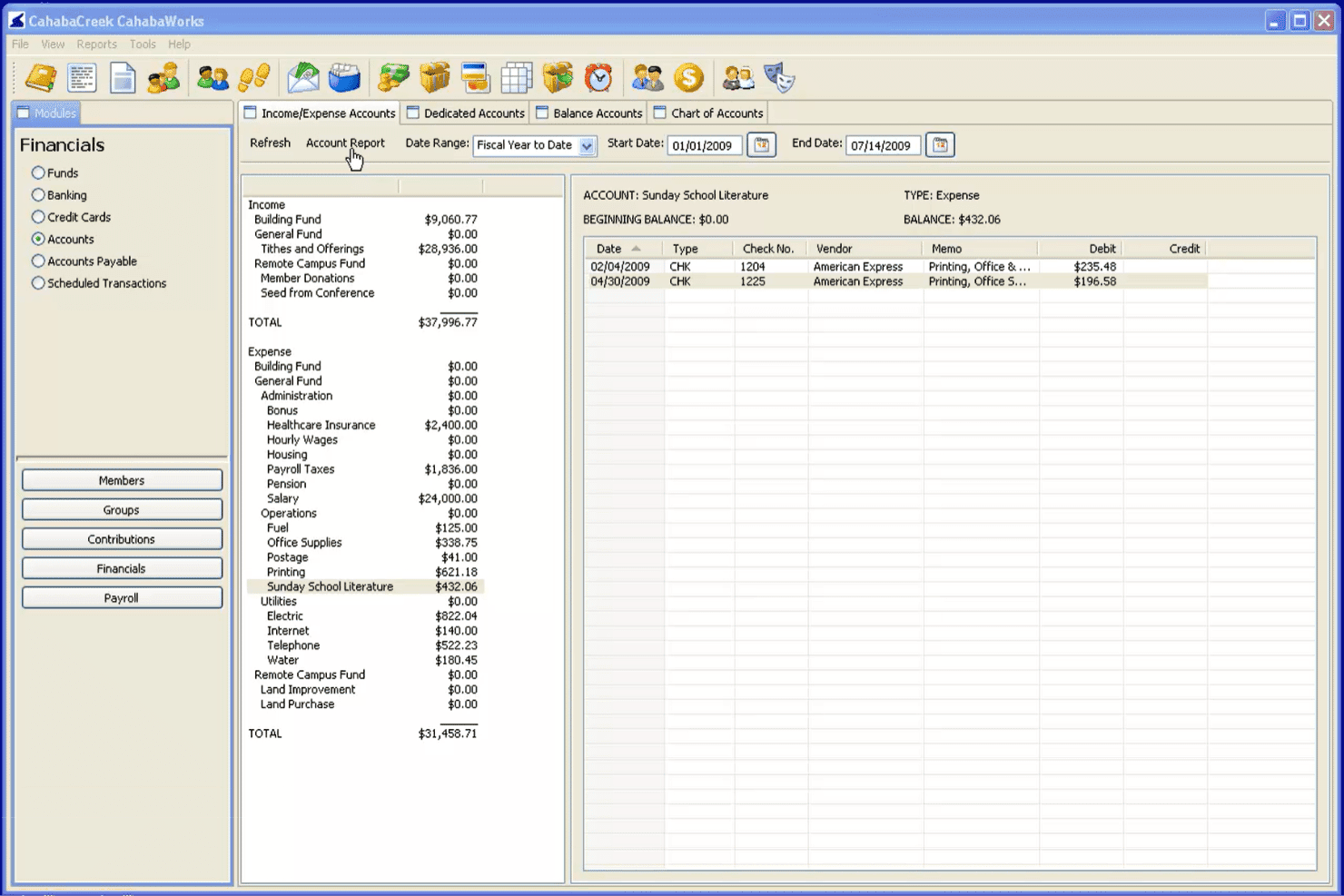 CahabaWorks runs church finances, funds, and member records in one system.
