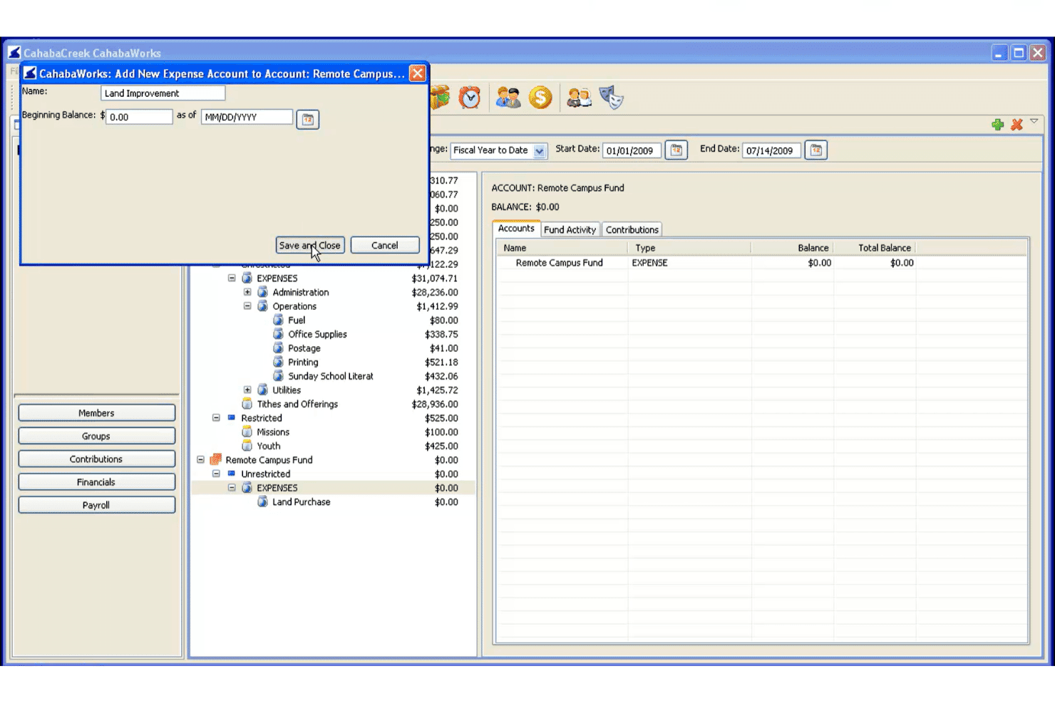 CahabaWorks financial interface showing account setup window and fund structure navigation