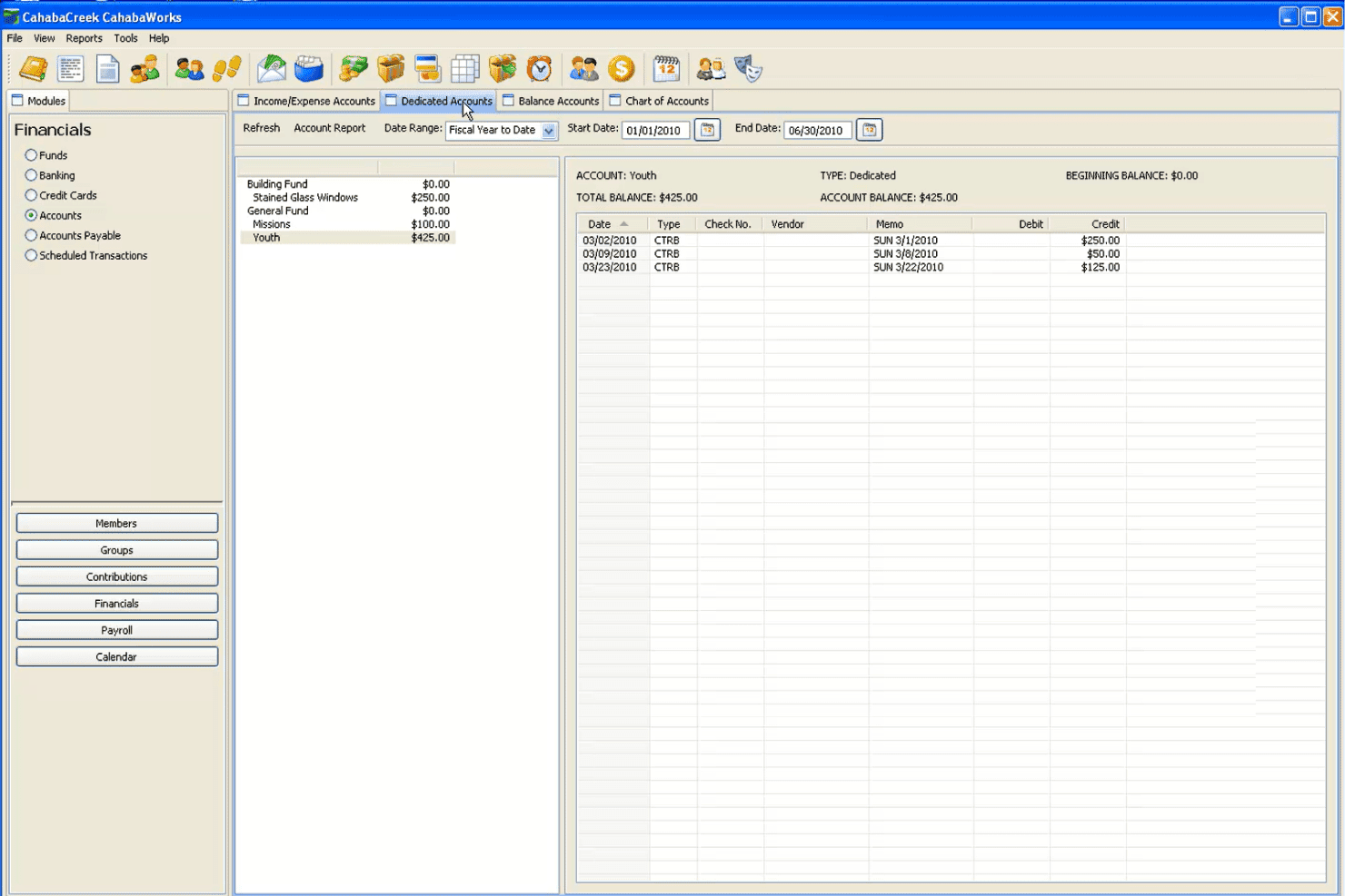 CahabaWorks fund accounting screen showing dedicated accounts and transaction entries for church funds