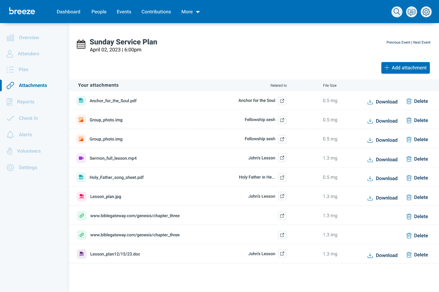 Breeze ChMS keeps church events, people, giving, and files organized.