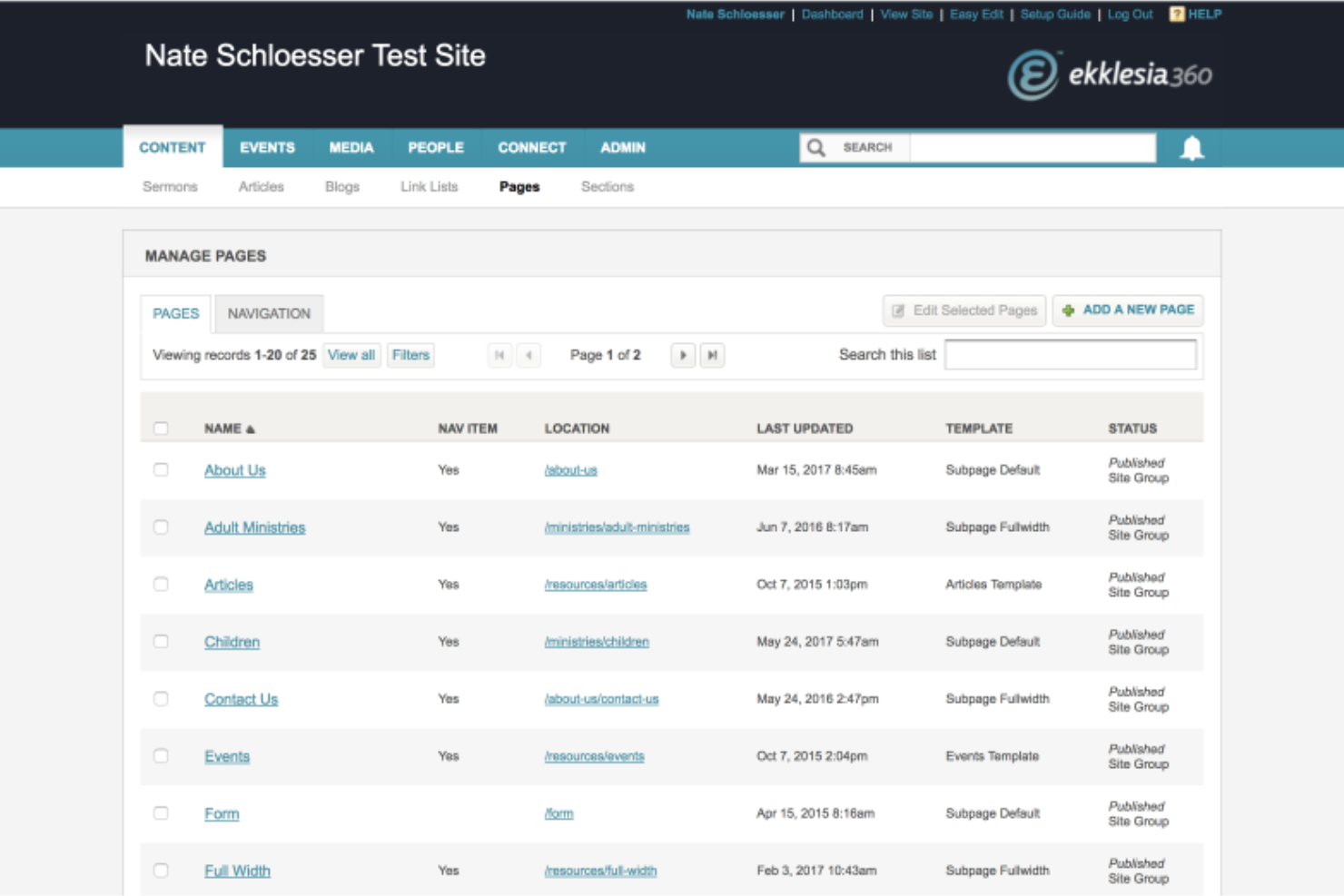 Ekklesia360 offers a Manage Pages dashboard where users can view, filter, and add website pages with details like location, template, and publication status.