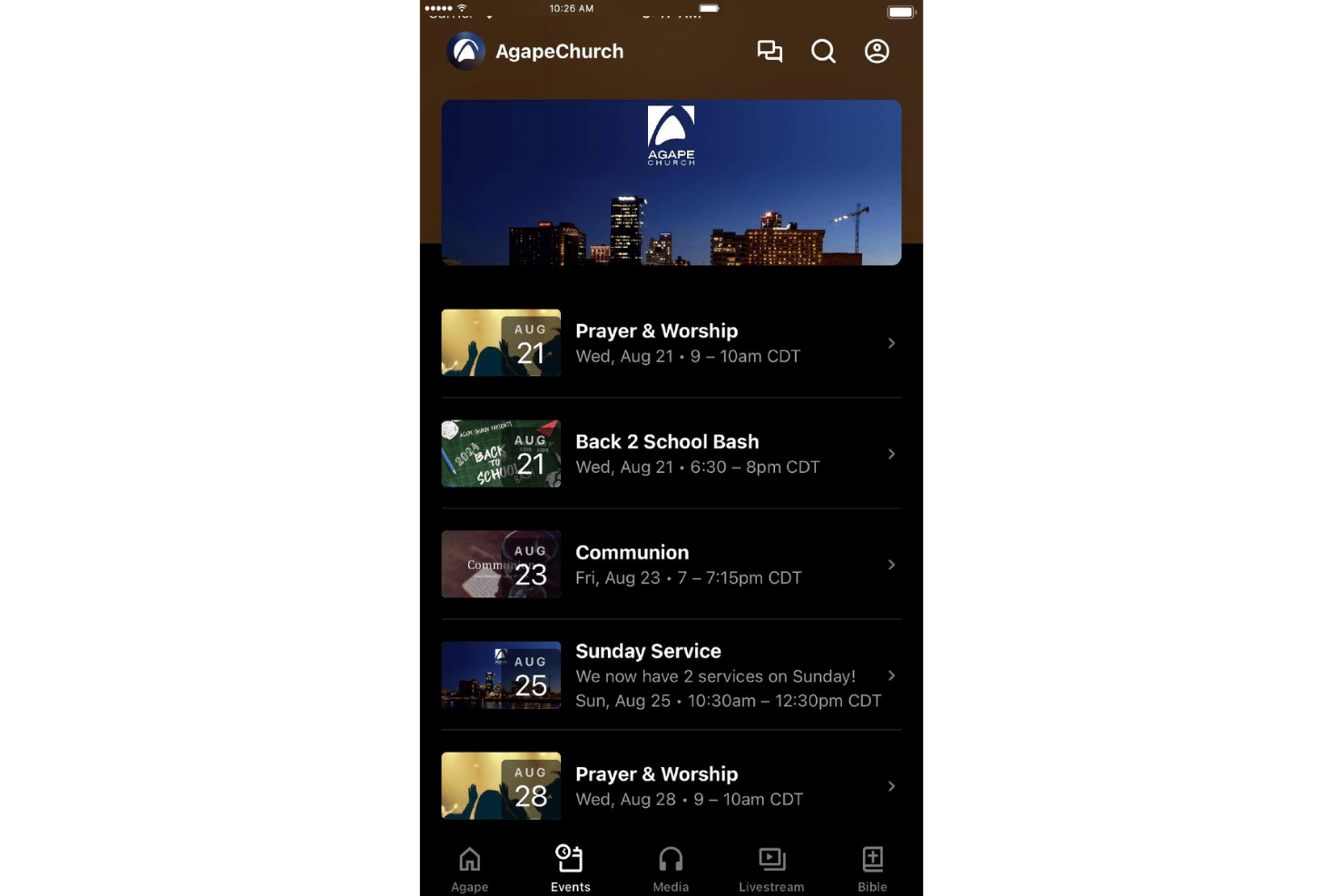 Subsplash church app with sermons, events, and notifications.