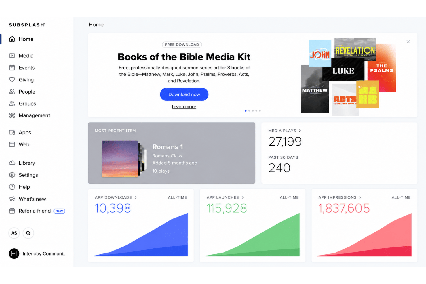 Subsplash unifies church engagement, giving, streaming, and management.